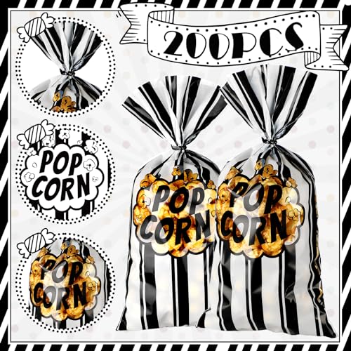 Image of Popcorn Bags Bulk Movie Night Pop Corn Plastic Bags for Popcorn Machine Pop Corn Snack Containers with Twist Ties for Carnival Summer Halloween Party Supplies