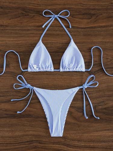 Image of Tainehs Women's Sexy Halter Thong Bikini Tie Two Sides Bottom Triangle Bikini Swimsuits