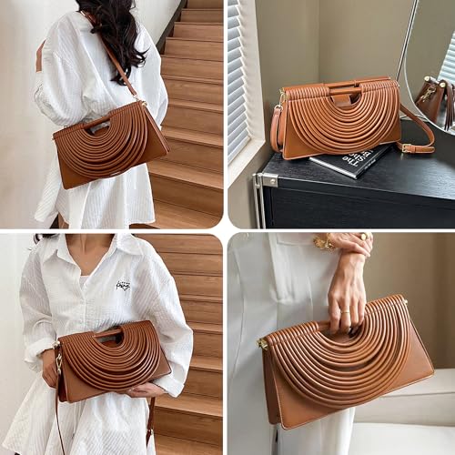 Image of Trendy Woven Evening Clutch Purse Half Round Designer Shoulder /Crossbody Bag Top-Handle Satchel Handbags