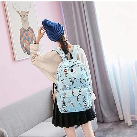 Image of Floral Print Backpack, Light Blue, Girls School Bag with Bird Pattern, Casual Daypack
