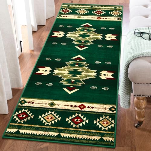 B BENRON Hallway Runner Rug 2 x 6, Non-Slip Runners for Bedroom Kitchen, Accent and Tribal Style Western Area Rug, Low-Pile and Washable, Green