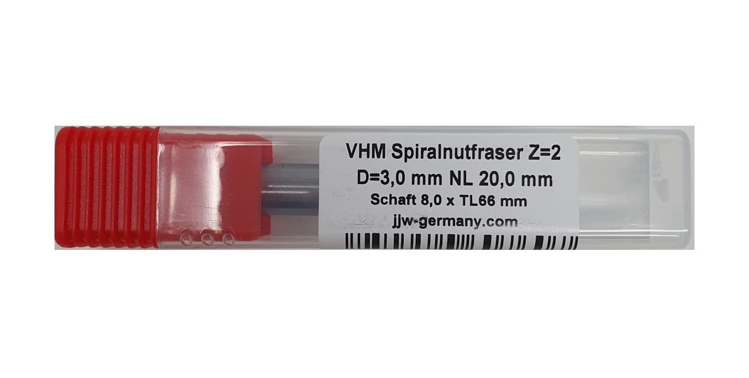 jjw-germany VHM - Spiralnutfräser Nutfräser Z= 2 für Hand Oberfräse mit Stahlschaft 8,0mm (D= 3,0 mm NL 20,0 mm GL 66)