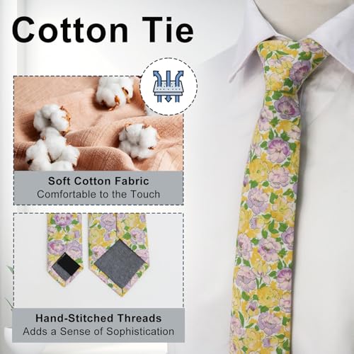 Image of Luckyvestir Mens Ties, Sage /Dusty Blue /Pink Floral Ties for Men, 2.76 inch Cotton Flower Necktie for Wedding /Groomsmen /Party