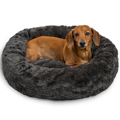 Best Friends by Sheri Original Calming Donut Dog and Cat Bed, Lux Faux Fur, Mink Dark Gray, (23in x 23in) - Anxiety Relief for Pets Up to 25 lbs