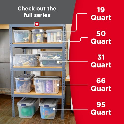 Image of Rubbermaid Roughneck Clear 66 Qt /16.5 Gal Storage Containers, Pack of 4 with Latching Grey Lids, Visible Base, Sturdy and Stackable, Great for Storage and Organization
