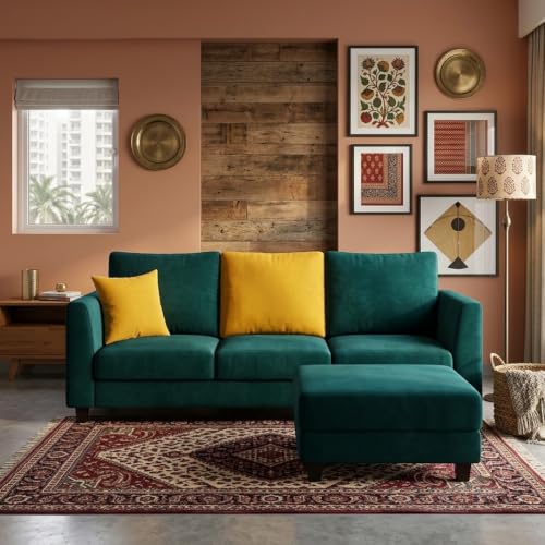 Image of SOCOZI Trevano 4 Seater L Shape Sofa Set with Movable Ottoman | Flexible Left or Right Layout | Soft Velvet Suede Fabric | Modern Design | Plush Comfort Cushions for Living Room (Teal Green-Yellow)