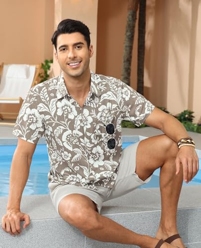 DEMEANOR Hawaiian Shirt for Men Short Sleeve Floral Button Down Shirt Tropical Hawaiian Shirts Casual Linen Shirts Beach3