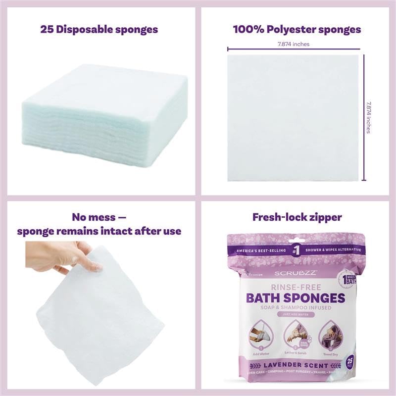 Image of Scrubzz Disposable No Rinse Bathing Wipes - All-in-1 Single Use Shower Wipes, Simply Dampen, Lather, and Dry Without Shampoo or Rinsing (Lavender, 8-Pack)
