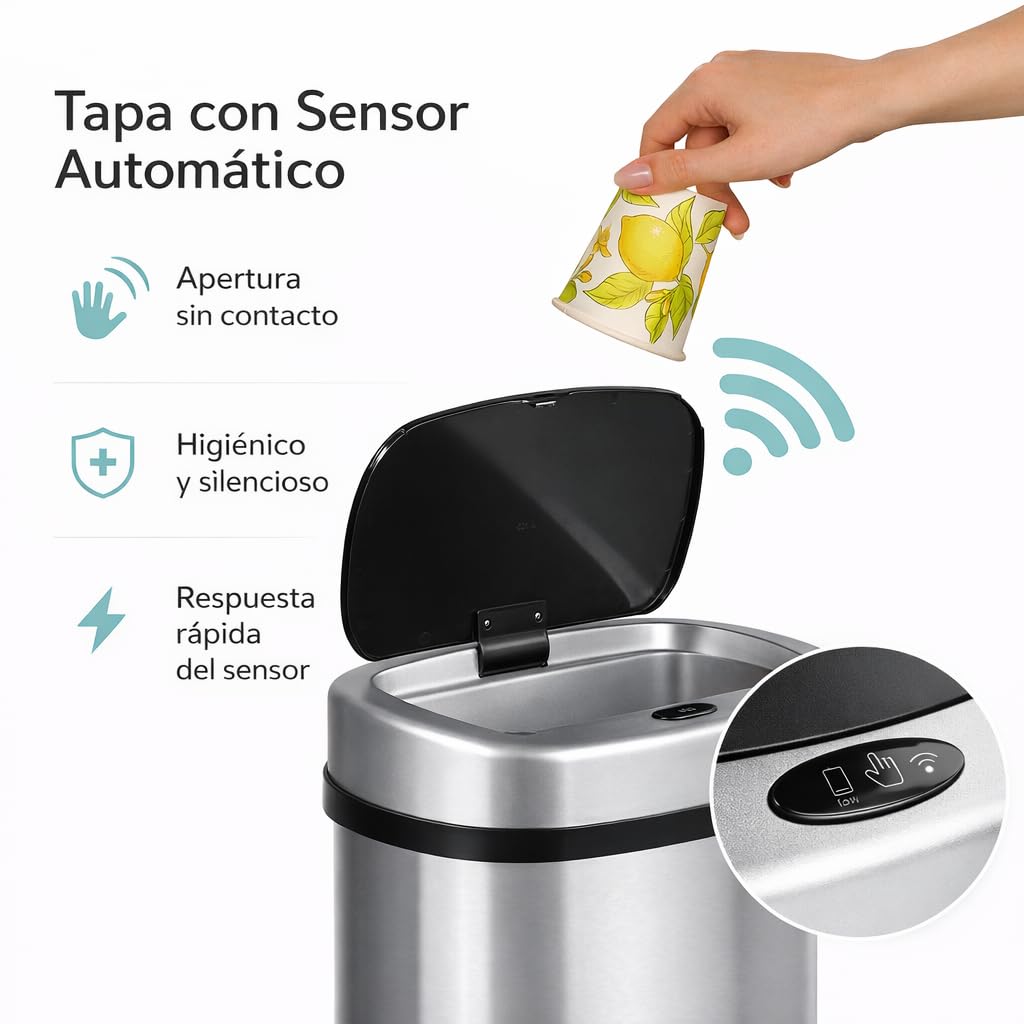 Cubo de Basura Automatico Cocina con Sensor de Movimiento Inteligente Sin Contacto | 50 litros Acero INOX Tapa Automática Carga con Pilas o Batería. Diseño moderno para hogar oficina y reciclaje
