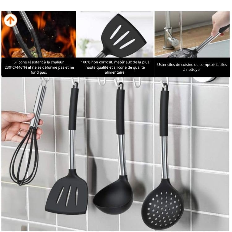TINA&CO Silicone Kitchen Utensils Set of 15 Kitchen Utensils with Stainless Steel Handle, Heat Resistant, Non-Stick, Large Spatulas, Dishwasher Safe (Black)