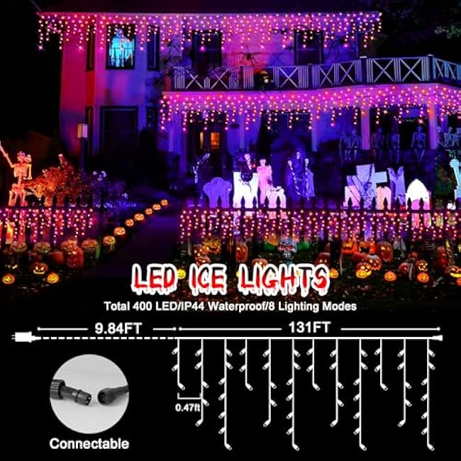 Hezbjiti 400LED Icicle Lights - 32.8FT Purple & Orange Fairy Lights for Eaves, Party, Yard & Garden - 8 Modes, 75 Drops, Outdoor Halloween Decor