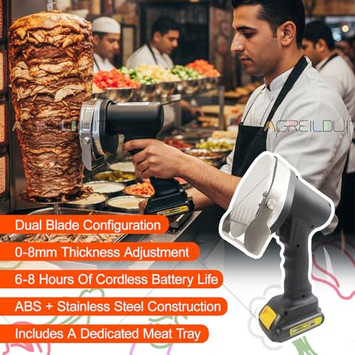 agreilduite Commercial Shawarma Kebab Slicer, Automatic Barbecue Meat Slicer - 2 Blades - 0.5-8mm Cutting Thickness Adjustment, Electric Doner Kebab Slicer With Rotisserie Meat Shovel & 2 Battery - Image 2