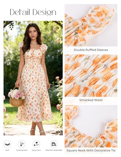 Image of GRACE KARIN 2026 Women's Spring Floral Midi Dress Square Neck Beach Wedding Guest Dresses Flowy A Line Casual Summer Clothes