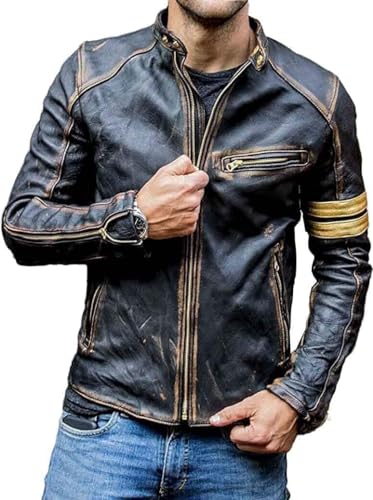 Men's Vintage Cafe Racer Golden Stripes Distressed Brown Leather Jacket Motorcycle Vintage Leather Jacket For Men