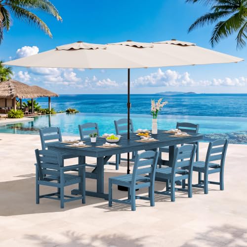 Image of SERWALL 10 Piece 84 inch HDPE Outdoor Dining Set for 8 with 6 Armless Chair, 2 Armchairs and Umbrella, Navy