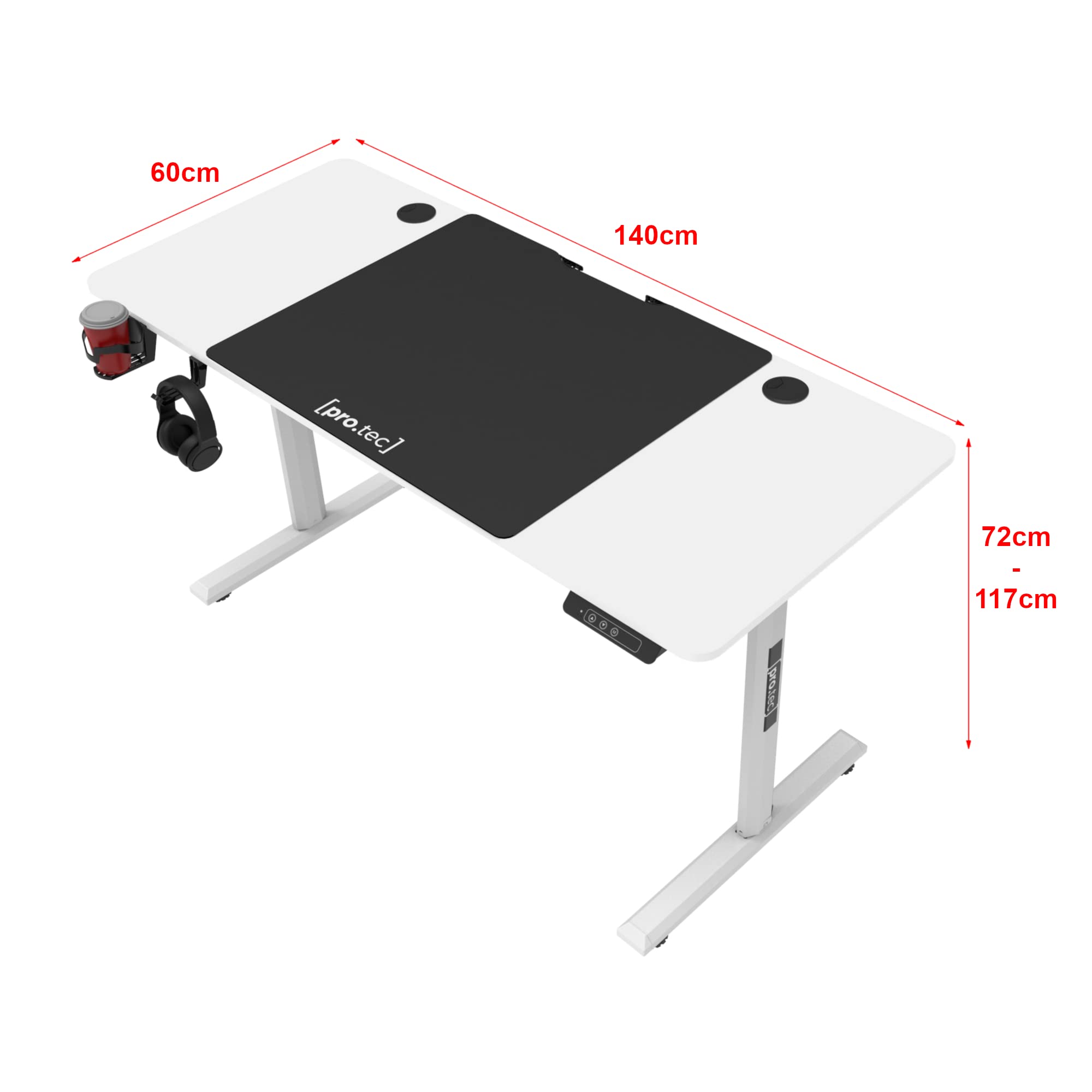 pro.tec Escritorio Rectangular Ajustable en Altura Eléctrico Alfombrilla de Ratón XXL 72-117 x 140 x 60 cm 2 Opciones Memoria Aglomerado/Aluminio Blanco