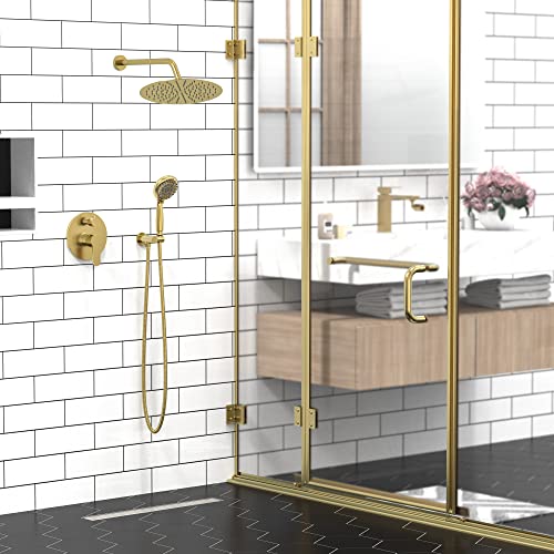 Image of SR SUN RISE Shower Faucet - Multifunctional High Pressure Shower Head System with Handheld Shower Head Fixtures - Valve Included (Brushed Gold, 12 inch)