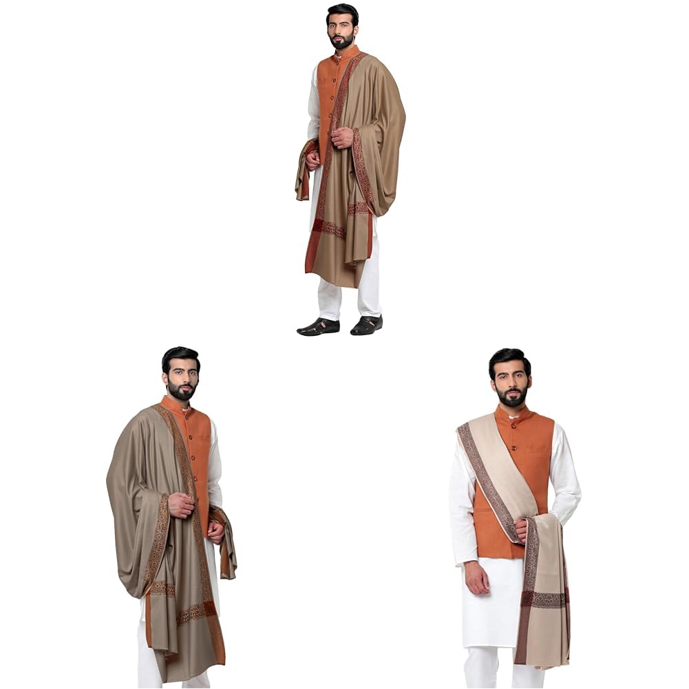 weavers villa Men's Woven Border Woollen Lohi/Shawl in Grey, Beige, & another Grey (125cm x 250cm).-picture-26