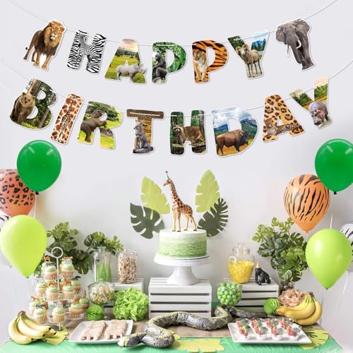 Image of Safari Animals Happy Birthday Banner Wild Jungle Birthday Party Decorations Wild One Animal Themed Bunting Sign for Kids Boy Girl 1st Bday Shower Party