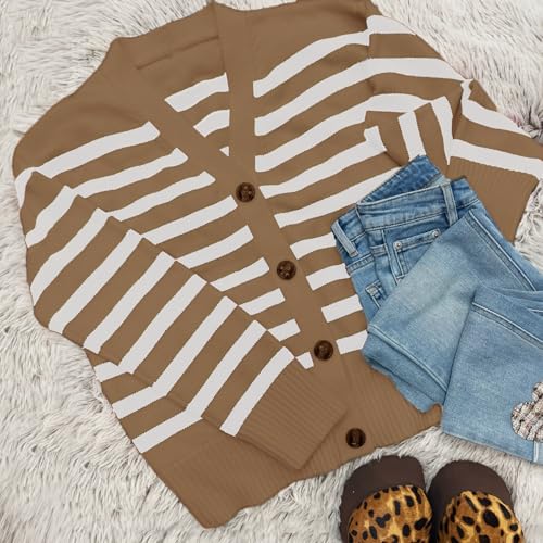 Women's Striped Cardigan V Neck Open Front Sweaters Casual Long Sleeve Button Ribbed Knit Outerwear4