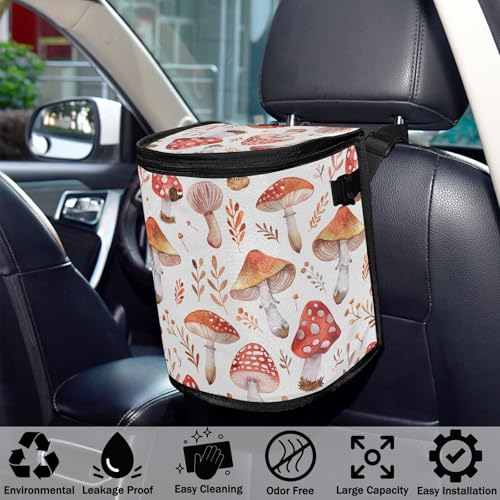 Image of Car Trash Can Mushroom Leaves Car Garbage Bag with Lid Hanging Waterproof Leak Proof Vehicle Storage Bin