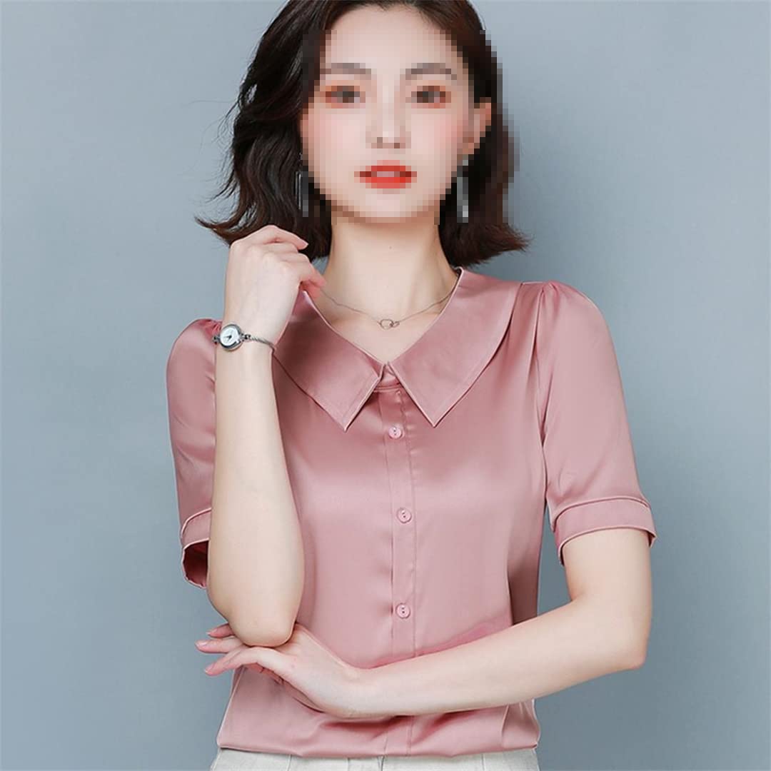 Camisa de Trabajo de Oficina de Verano para Mujer, Camisa de Seda Satinada con Cuello en V de Manga Corta para Mujer, Blusa, Tops