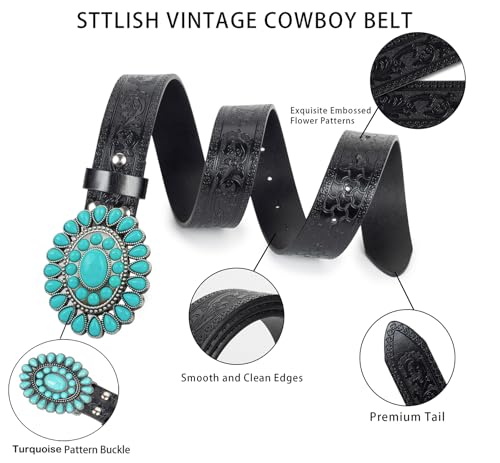 Vintage Western Turquoise Cowboy Belt for Women, Genuine Leather Embossed Cowgirl Waist Belt, 28-38" Waist3