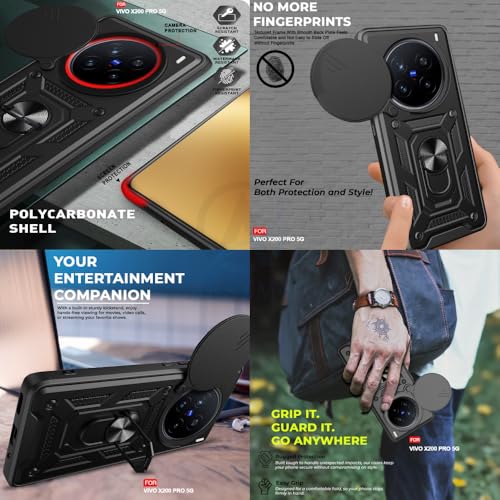 Image of AESTMO TPU+PC Tough Armor Vivo X200 Pro 5G Bumper Back Case Cover | Ring Holder & Sliding Camera Shield Cover | 360 Degree Protection Back Case Cover for Vivo X200 Pro 5G (Black)