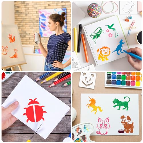 Augshy 56 Pieces Animal Stencils for Painting, 3 Inch Reusable Cute Animal Stencils for Drawing on Wood Rocks Canvas Fabric DIY Craft Card Glass Pottery