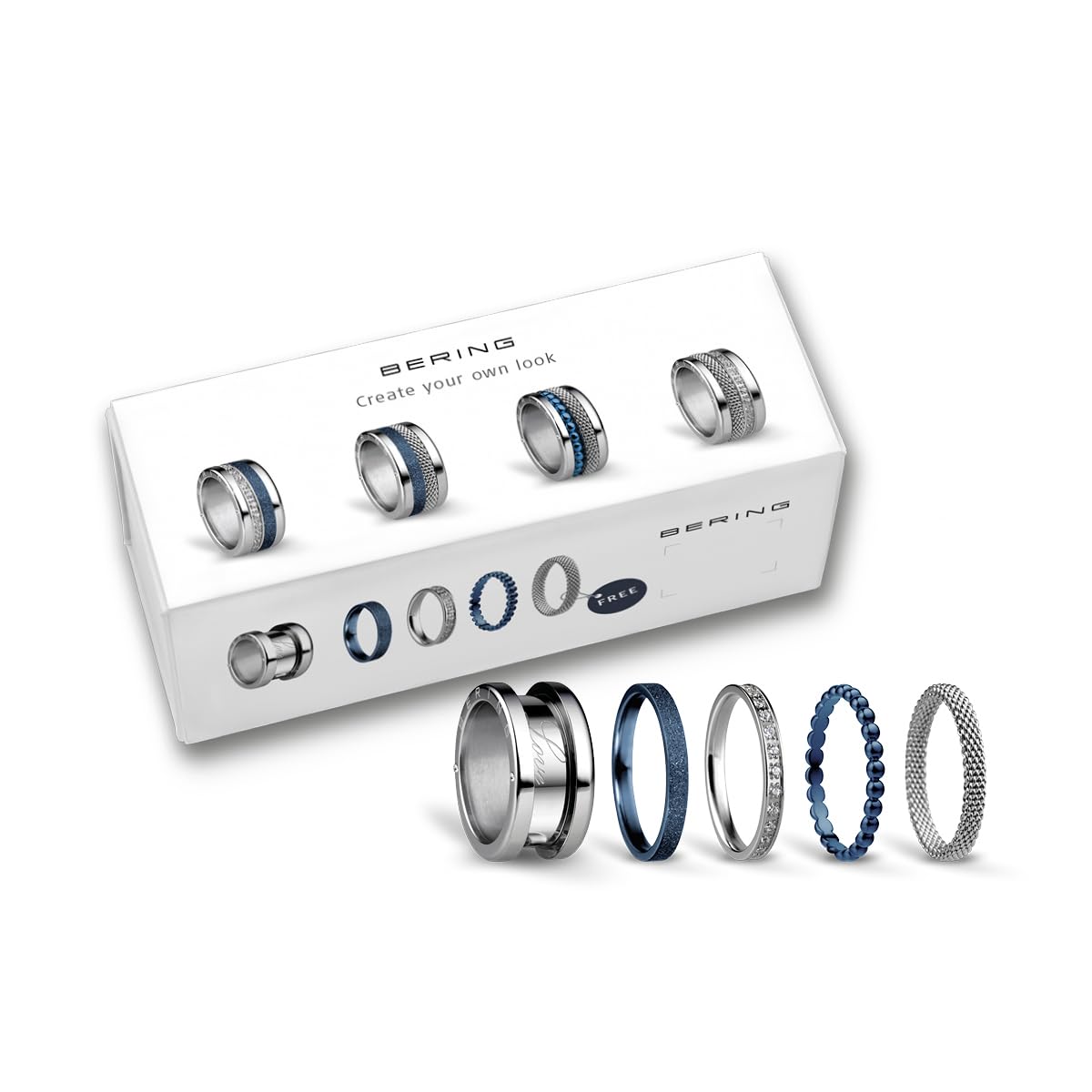 BERING Austauschbar Ring Set für Damen in Silber & Blau mit einzigartigem Twist- & Change System, Symphony-Set-A