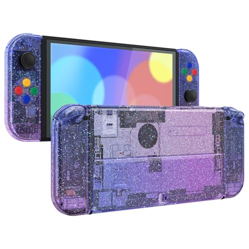 Image of eXtremeRate DIY Full Set Shell Buttons for Nintendo Switch OLED, Replacement Console Back Plate & Kickstand Custom Case Housing for Nintendo Switch OLED JoyCon - Glitter Gradient Translucent Bluebell