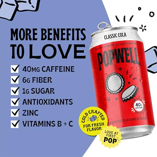Image of Popwell Classic Cola Caffeinated Better-For-You Prebiotic Soda, with 6g Fiber, 1g Sugar, Vitamins and Immunity Support, 12 fl oz Cans (pack of 12)