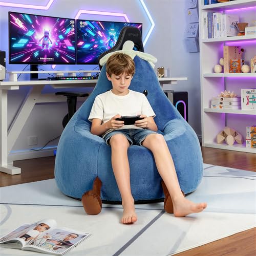 Image of 2.5FT Memory Foam Bean Bag Chair - Ultra Soft Faux Rabbit Fur Round Sofa with Handle & Machine Washable Cover, Comfy Lazy Chair for Kids Teens, Perfect for Reading Gaming in Living Room Bedroom,Navy