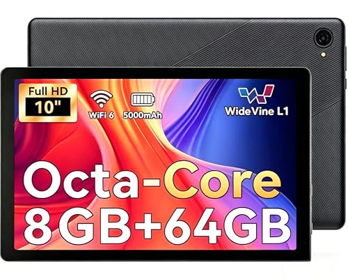 Image of Android 14 Tablet 10 Inch 8GB RAM 64GB ROM 1TB Expand, Octa-Core Processor, Widevine L1 HD IPS Touchscreen, WiFi 6 BT5.4 Dual Camera Face Unlock Tablet, Black
