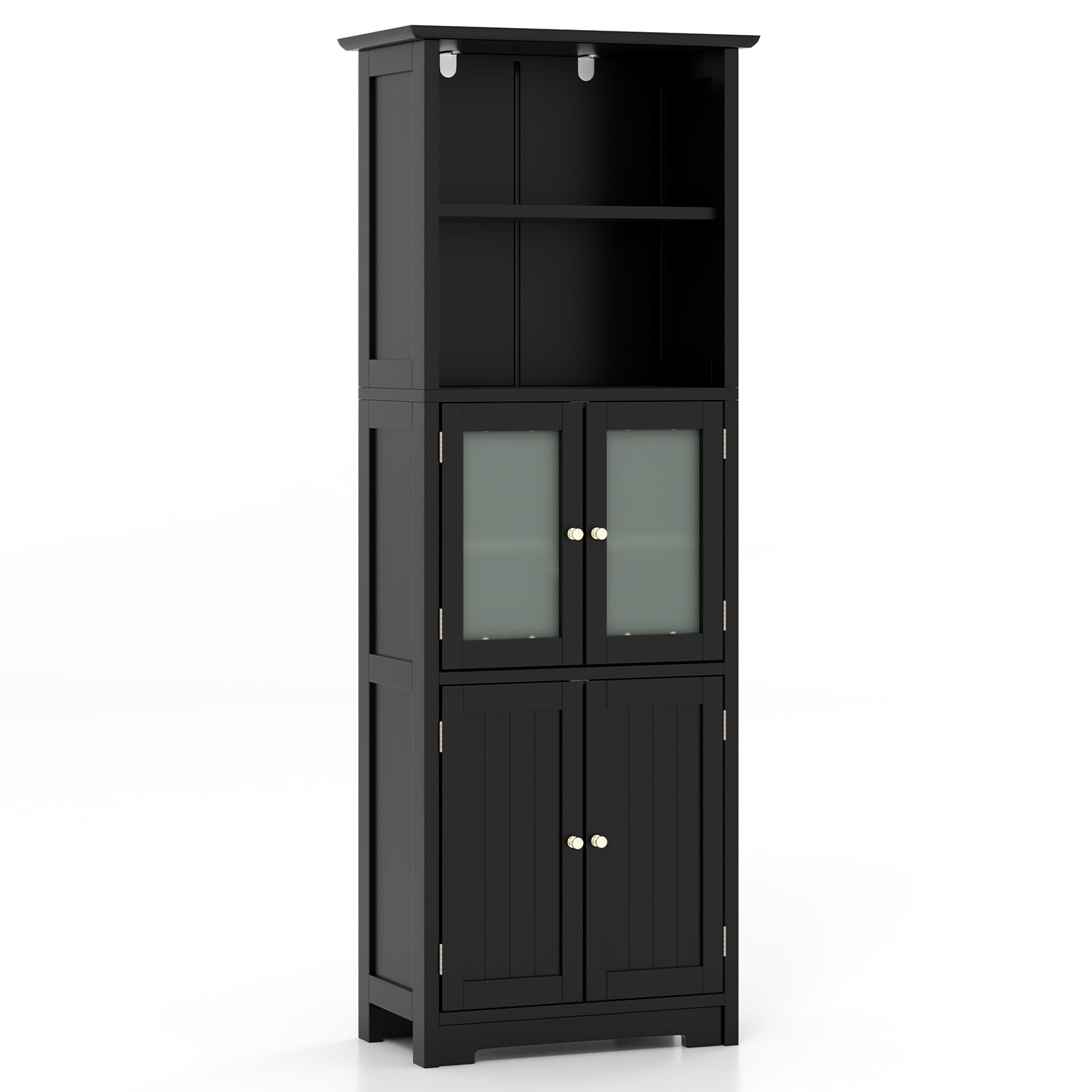 LIFEZEAL Mobiletto Alto da Bagno Salvaspazio, Mobiletto Multiuso in Legno, 60x30x163cm, Mobile Bagno con 2 Ante in Vetro, Armadietto da Terra con Ripiani Regolabile per Cucina e Soggiorno (nero)