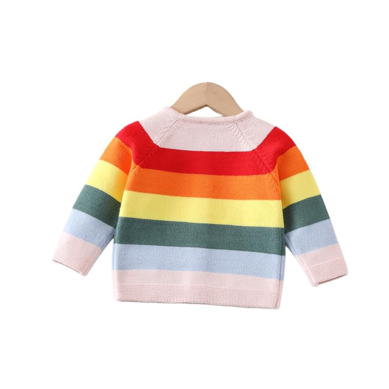 Girls' Rainbow Sweater Cardigan Button Long Sleeved Striped Rainbow Knit Sweater3