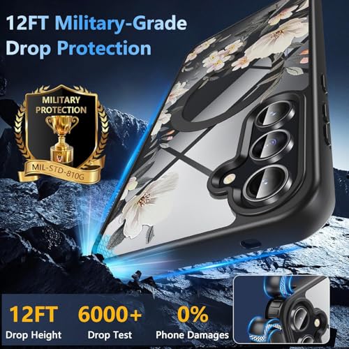 Image of VONZEE Compatible with Samsung Galaxy A16 5G Case Luxury Retro Flowers Floral Clear for Magnetic Wireless Charging Case Shockproof PC+TPU Cute Glossy Shiny Cover for Girls Women, Black