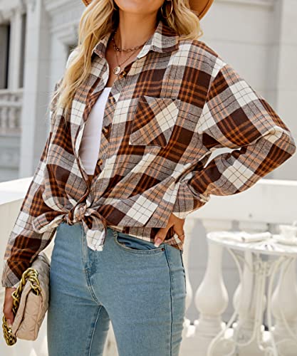 Image of CHYRII Womens Button Down Flannel Shirts Long Sleeve Plaid Shackets Business Casual Blouse Top