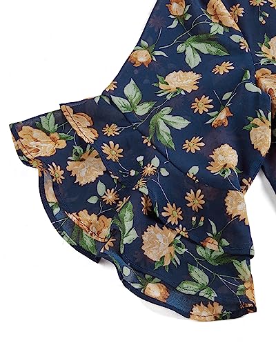 Valolia 3/4 Sleeve Blouses For Women, Womens Tops Casual V Neck Ruffle Sleeve Blouse Loose Shirt Blue Floral Top Women Blouses For Work Business Tops Plus Size Tops For Women Multi Blue Xx-Large #TOP3