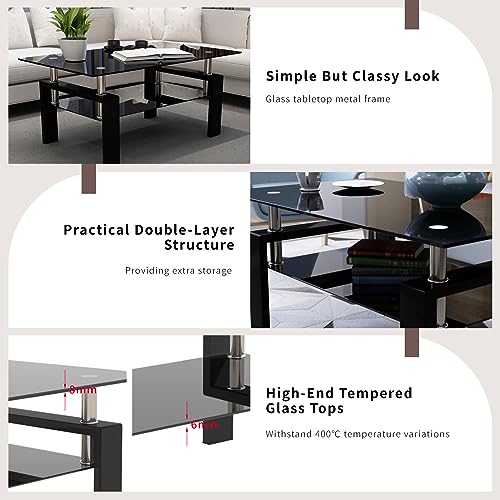 All Black Glass Coffee Table Set of 3 Piece, Living Room Table Set of 3 Pcs, Black Glass Coffee Table and End Table Sets, Metal Legs, Tempered Glass