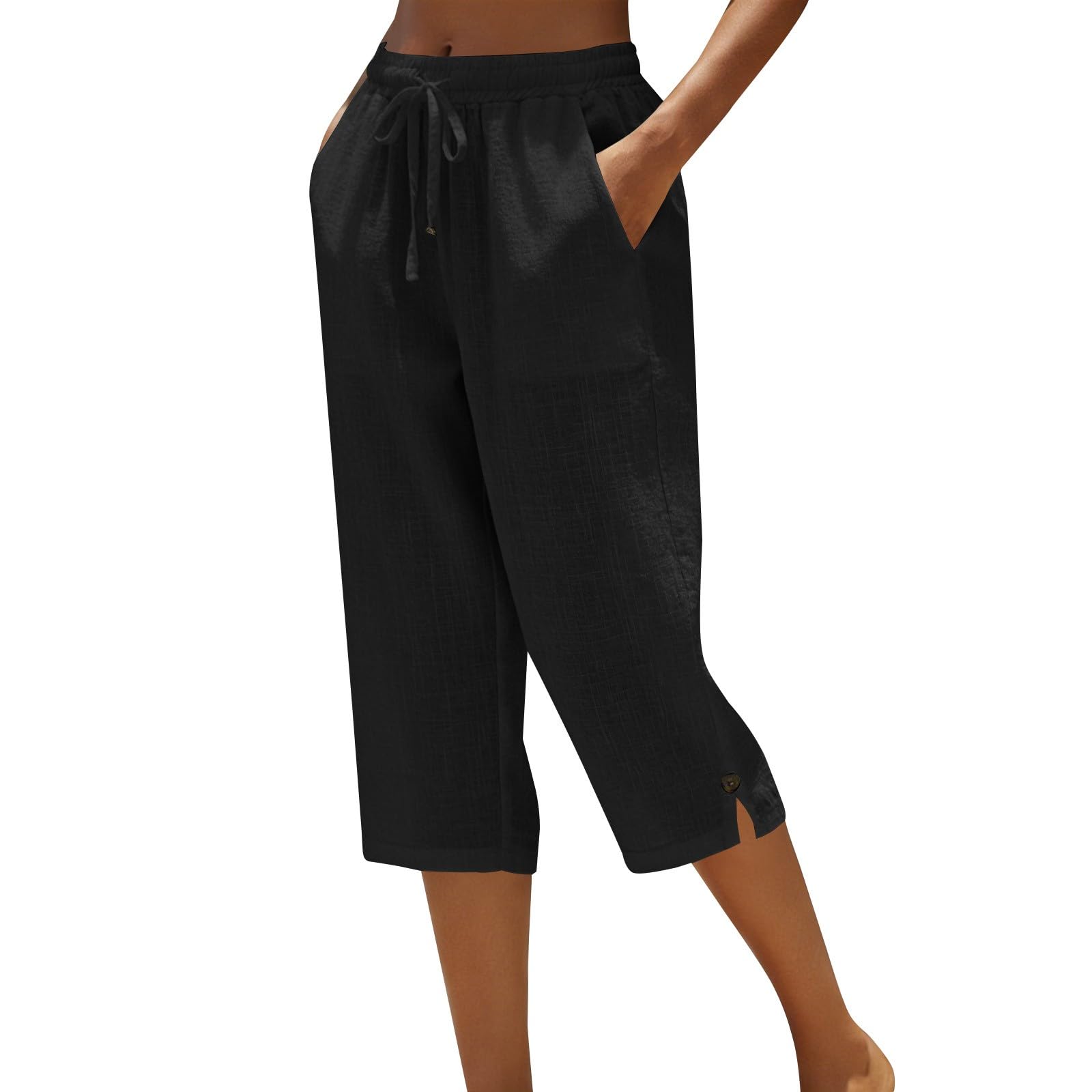Pantacourt Femme Été Pantalon 3/4 en Coton et Lin Pantalon de Jogging Léger avec Poches Taille Élastique avec Cordon Bouton à la Cheville Pantalon de Sport Décontracté pour Yoga Randonnée