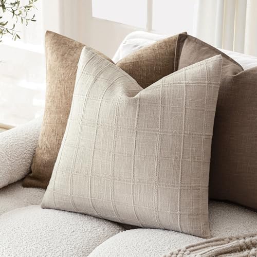 Image of Foindtower Set of 2 Decorative Linen Check Throw Pillow Covers Neutral Farmhouse Vintage Cushion Covers Modern Boho Home Decor for Sofa Chair Couch Bedroom Living Room,22x22 Inch,Natural Linen