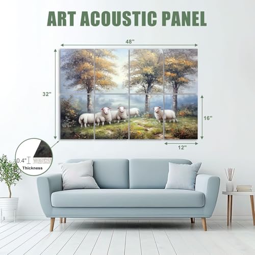 8 Paneles Acústicos Artísticos Absorbentes de Sonido, Vintage con Diseño de Ovejas y Árboles en Estilo Granero, Autoadhesivos, para Estudios de Grabación y Oficina 48"x32" miniatura 2