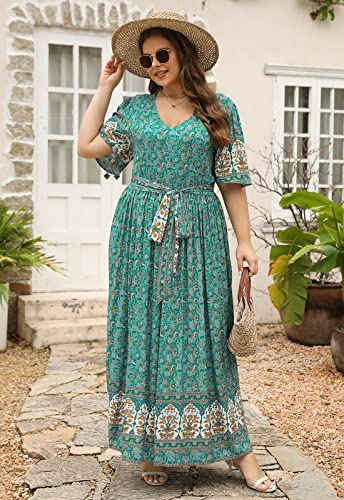 Nemidor Womens Plus Size Boho Floral Positioning Print Casual Flared Maxi Dress with Pocket NEM4224