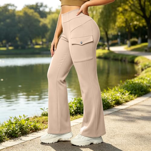 Women Workout Flare Leggings High Waisted Fleece Lined Cargo Leggings Beige - image 3