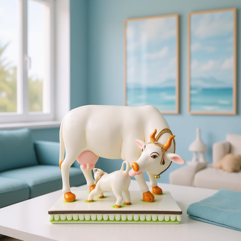 Image of Kamdhenu Cow Statue Cultured Marble Hand Painted Kamadhenu Cow and Calf Figure Animal Figurine House Warming Gift (16L x 8.2W x 15.5H Centimeters)