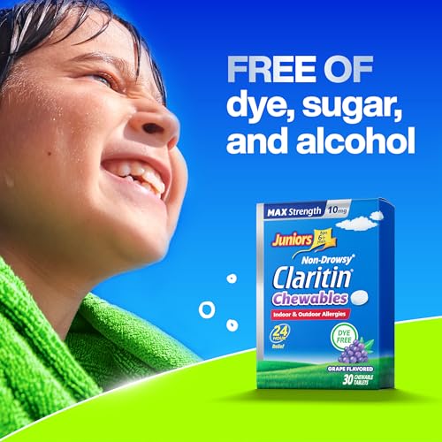 Image of Juniors Claritin Max Strength 10mg Chewables, One Dose for 24-Hour Non-Drowsy Allergy Relief, Children's Allergy Medicine, Kids Chewable Allergy Medicine, Ages 6+, Grape Flavored, Dye-free, 30 Tablets