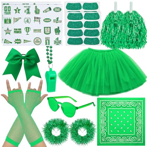 Ramede 21 Pcs Green Spirit Wear Girls Color War Camp Accessories Team Spirit Day Accessories Spirits Bundles Colored Stuff Field Pep Rally Supplies Camp Game Color Items Bulk Tutu for Sport