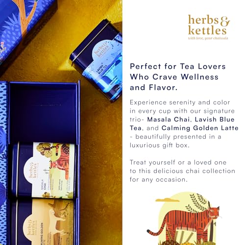 Image of Herbs & Kettles Tea Gift Set - Masala Chai, Calming Golden Latte & Lavish Blue Tea - Premium Loose Leaf Tea Collection in Elegant Gift Box