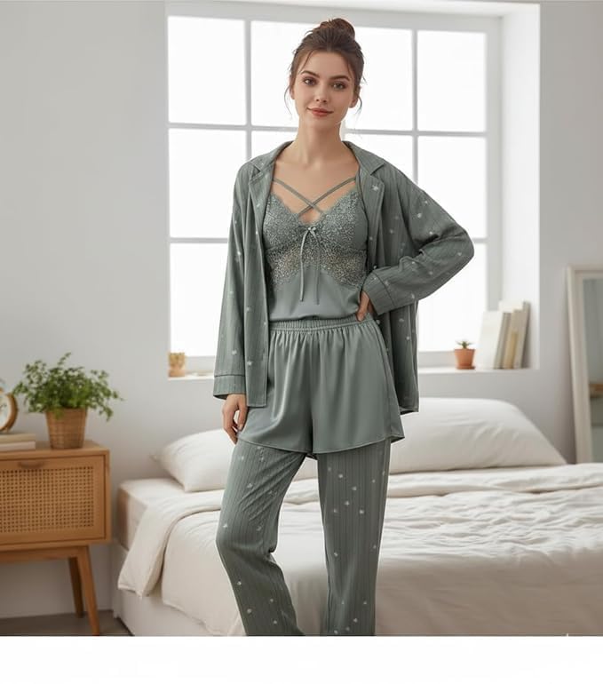 Image of Valentine's Day Fancy Night Suit & Bra Penty Set Combo for Women's Pack of 7 Pcs Nightwear Lingerie Grey Nightwear Wedding Gifts Women Dress